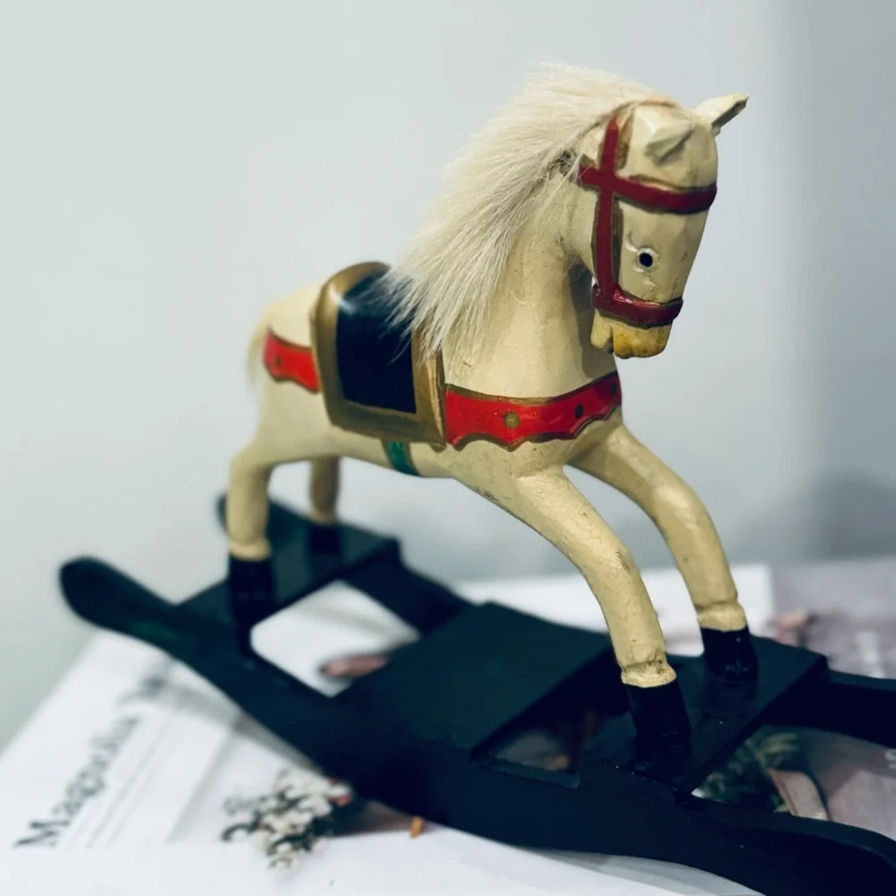 Vintage Carousel Rocking Horse 1940s Carved Wood Hand Painted Real Fur